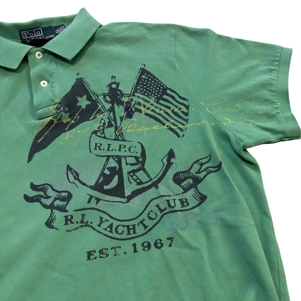 Polo Ralph Lauren Men XL Green Yacht Club Graphic Polo Shirt Custom Fit Cotton